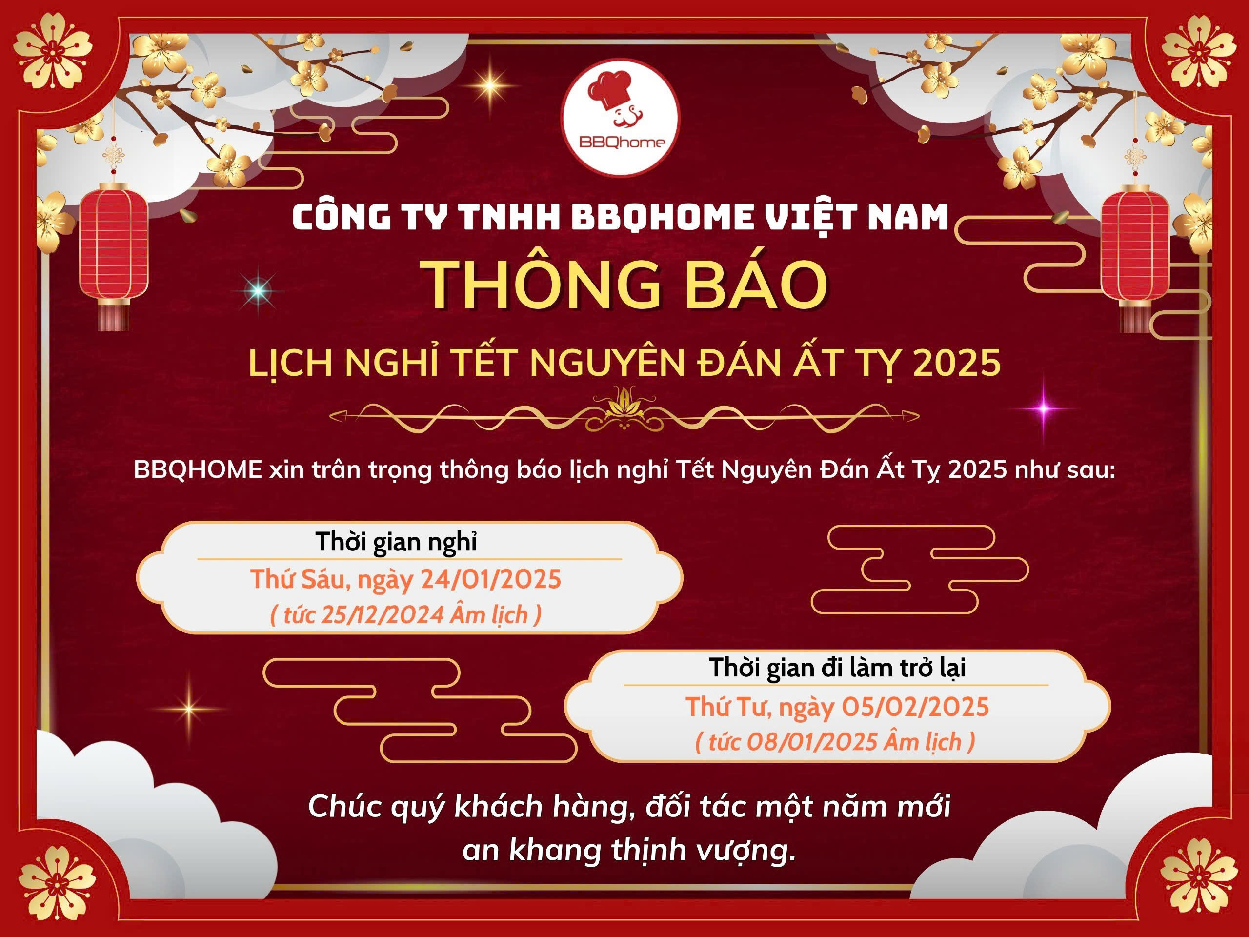 THÔNG BÁO LỊCH NGHỈ TẾT NGUYÊN ĐÁN 2025